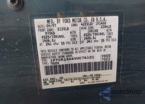 1997 Ford Ranger Splash/Xl/Xlt from USA, damaged, VIN 1FTCR10A6VUC76121